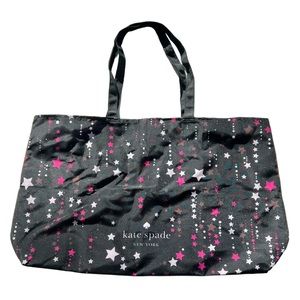 NEW Kate Spade Black Multi Color with Light and Dark Pink Stars Canvas Tote XL